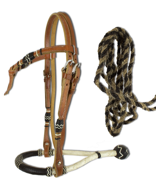 Bosal, Set mit Hanger und Pferdehaar Mecate, schwarz-weiß, aus Rohhaut, geknotetes Stirnband