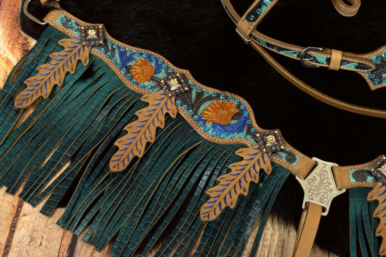 Westerntrense, Set aus Kopfstück mit Vorderzeug, braun, feather,Federn