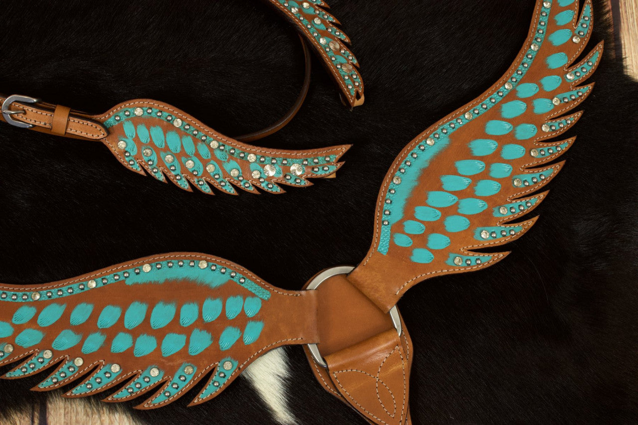 Wings Show Western-Kopfstück, Set aus Vorderzeug und Trense, türkis mit Strass, in Flügelform